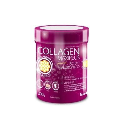 Frasco de suplemento alimentar de colagénio MAXIPLUS rosa e branco