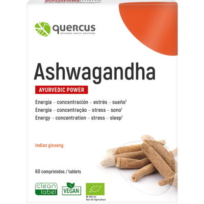 Caixa branca e laranja de suplementos Ashwagandha Quercus com texto e imagem de raízes.