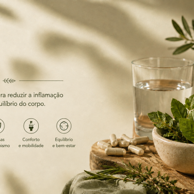 Cápsulas, gengibre, folhas verdes e copo de água sobre mesa rústica com texto de apoio natural em português