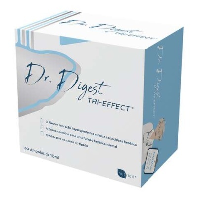 Caixa do produto Dr. Digest TRI-EFFECT com design branco e azul claro, texto informativo e embalagem de 30 ampolas
