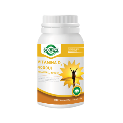 Frasco de suplemento alimentar Sovex Vitamina D3 4000UI