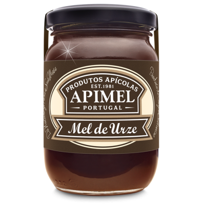 Frasco de Mel de Urze Apimel Portugal com rótulo castanho e bege