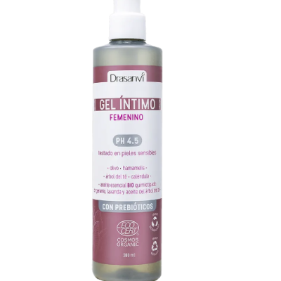 Frasco de gel íntimo feminino Drasanvi com doseador e rótulo rosa e branco