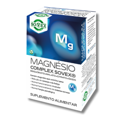 Embalagem de suplemento alimentar Magnésio Complex Sovex® azul e branco.