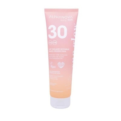Frasco de loção protetora solar ALPHANOVA daily SUN SPF 30 em tubo rosa e laranja