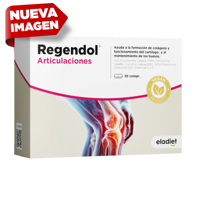 Embalagem de suplemento Regendol Articulaciones com imagem de articulação e texto em espanhol