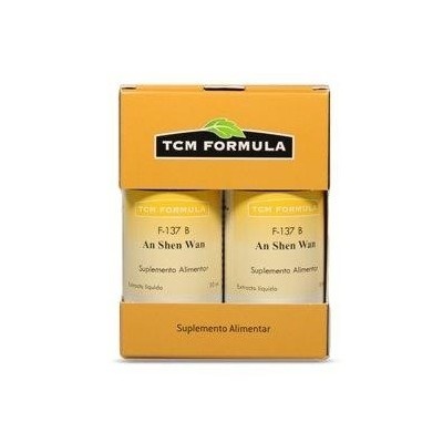 Embalagem amarela com duas garrafas de suplemento alimentar TCM FORMULA An Shen Wan