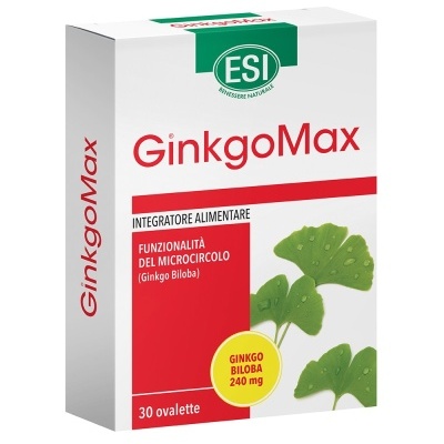 Embalagem branca e vermelha do suplemento alimentar GinkgoMax com folhas verdes de Ginkgo Biloba