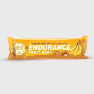 Barra energética Gold Nutrition Endurance Fruit Bar banana e amêndoa embalagem amarela