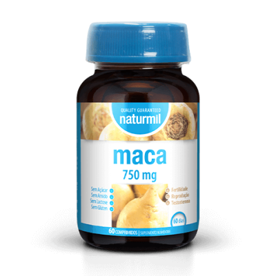 Frasco de suplemento maca Naturmil 750 mg com rótulo azul e branco