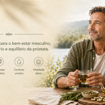 Homem a beber chá numa mesa com planta e cápsulas, texto sobre bem-estar masculino e saúde da próstata