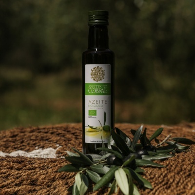 Garrafa de azeite biológico extra virgem com raminhos de oliveira num ambiente natural