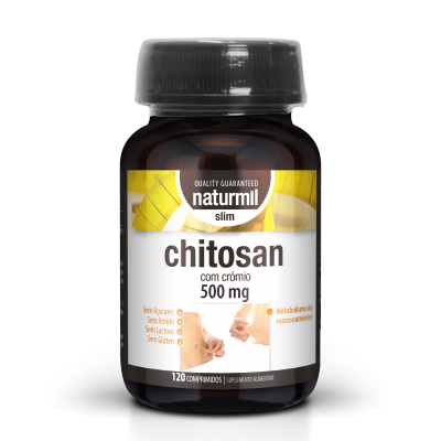 Frasco de suplemento alimentar Naturmil Slim Chitosan com rótulo branco e amarelo