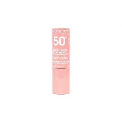 Stick labial hidratante Alphanova FPS 50+ cor rosa com texto branco