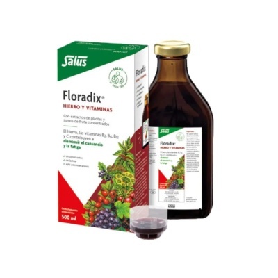 Frasco castanho de suplemento Floradix com caixa e copo medidor