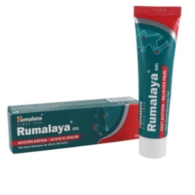 Tubo de gel Rumalaya e caixa da marca Himalaya com design verde, vermelho e branco