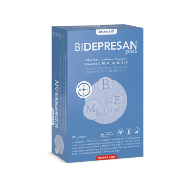 Embalagem azul do suplemento BIDEPRESAN plus com texto sobre vitaminas e ingredientes
