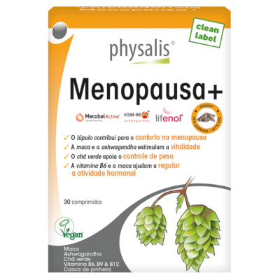 Embalagem de suplemento Menopausa+ da Physalis com cones de pinheiro e texto informativo