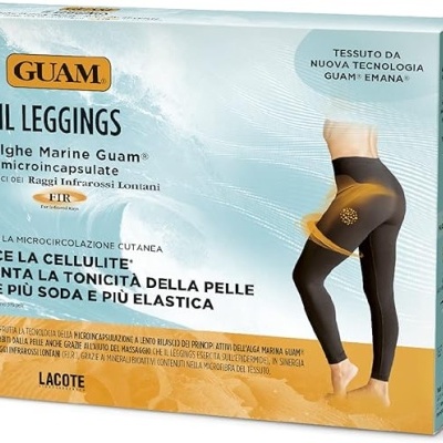 Caixa de leggings GUAM IL LEGGINGS com texto em italiano e imagem de pernas com leggings pretas e cinzentas
