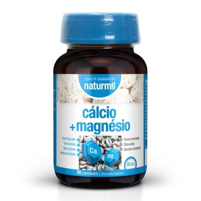 frasco de suplemento cálcio e magnésio com rótulo azul e branco