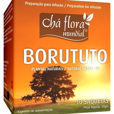 Caixa de chá Borututo Chá Flora Mundial com imagem de árvore ao pôr do sol