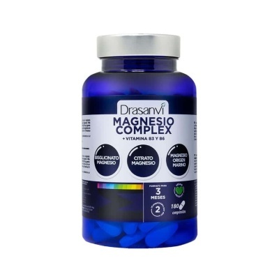 Frasco azul de suplemento Drasanvi Magnesio Complex com tampa prateada.