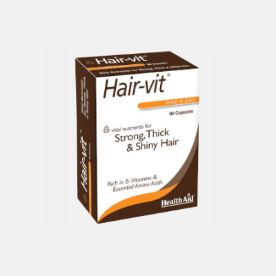 Embalagem de cápsulas Hair-vit para cabelo forte e brilhante.