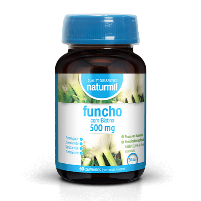 Frasco de suplementos Naturmil funcho com Biotina 500 mg