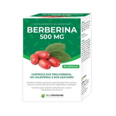 Embalagem de suplemento Berberina 500 mg com frutos vermelhos e folhas