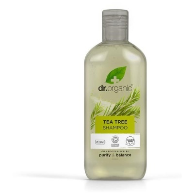 Frasco plástico transparente com shampoo Tea Tree dr.organic