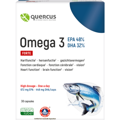 Embalagem de suplemento Quercus Omega 3 com peixe azul e selos de qualidade
