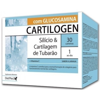 Embalagem de suplemento alimentar Cartilogen DietMed branco azul laranja