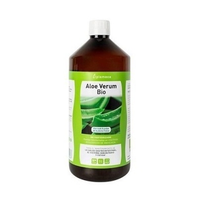 Frasco de bebida Aloe Verum Bio com rótulo verde e imagem de aloe vera