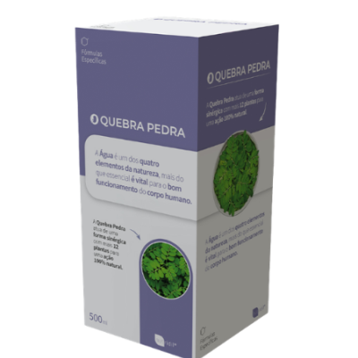 Embalagem roxa e branca de Quebra Pedra com imagem de planta verde