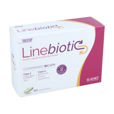 Caixa de medicamento Linebiotic com cores branca e rosa e texto em espanhol