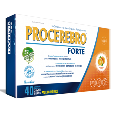 Caixa de suplemento alimentar PROCEREBRO FORTE azul, branco e laranja com 40 ampolas
