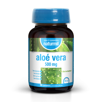 Frasco de suplemento aloé vera 500 mg da marca Naturmil com 90 comprimidos e tampa azul