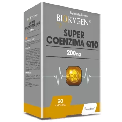 Embalagem do suplemento BIOKYGEN Super Coenzima Q10 200mg 30 cápsulas cinza e amarelo