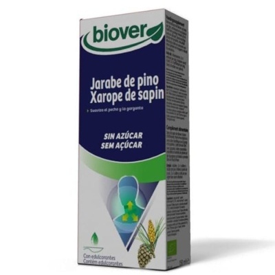 Caixa de xarope de pinho biover azul e branco com texto e imagens de plantas