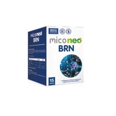 Embalagem do produto miconeo BRN com 15 cápsulas, branco e azul com padrão circular abstrato