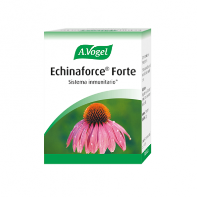 Caixa de produto A.Vogel Echinaforce Forte com flor roxa de equinácea
