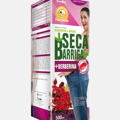 Embalagem suplemento alimentar Seca Barriga 500 ml com imagem mulher e frutos vermelhos