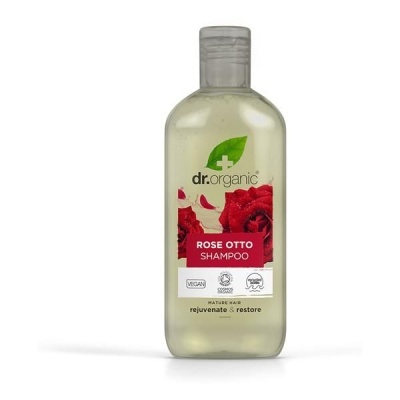 Frasco de shampoo dr.organic Rose Otto com ilustração de rosas vermelhas