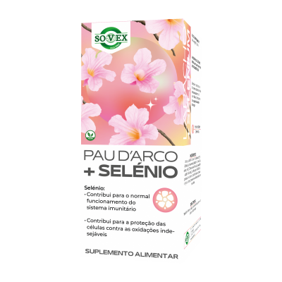 Caixa de suplemento alimentar Pau dArco + Selénio com flores cor-de-rosa e texto em português
