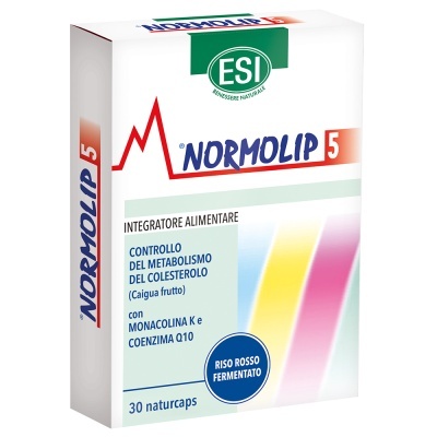 Caixa de suplemento alimentar ESI Normolip 5, branco com texto azul, vermelho e verde
