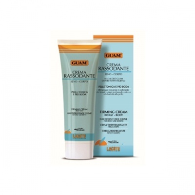 Creme firmador GUAM em embalagem e tubo azul claro com detalhes laranja