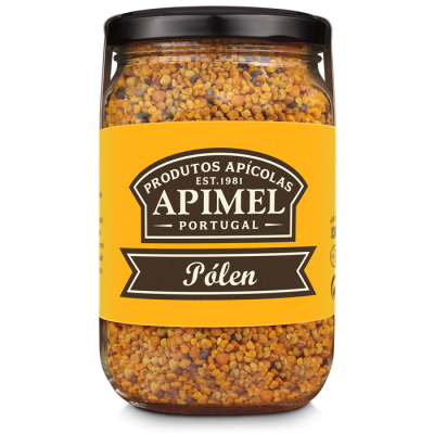 Frasco de pólen da Apimel com etiqueta amarela e tampa preta