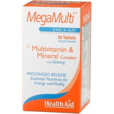 Embalagem de multivitaminas MegaMulti One-A-Day da HealthAid em branco, laranja e azul.