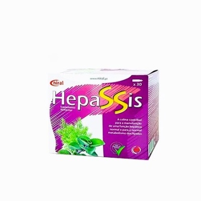 Caixa do suplemento alimentar Hepassis com design roxo, branco e imagens de plantas