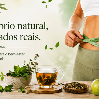 Pessoa a medir cintura com fita métrica verde, chá e ervas naturais numa mesa de madeira